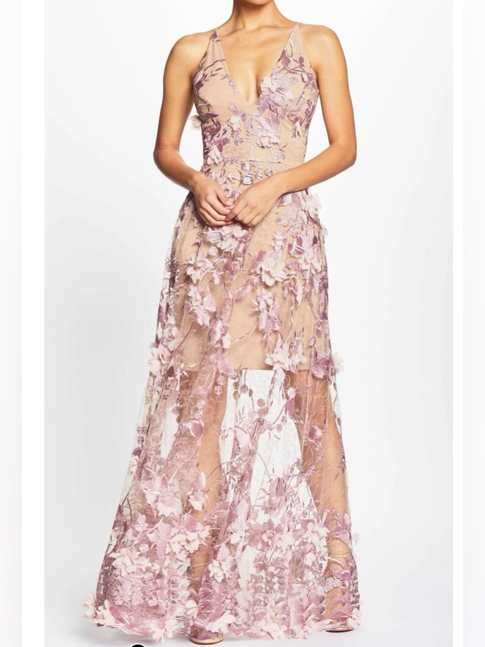 NEW Dress the Population Sydney 3D Nude Floral Gown, Small